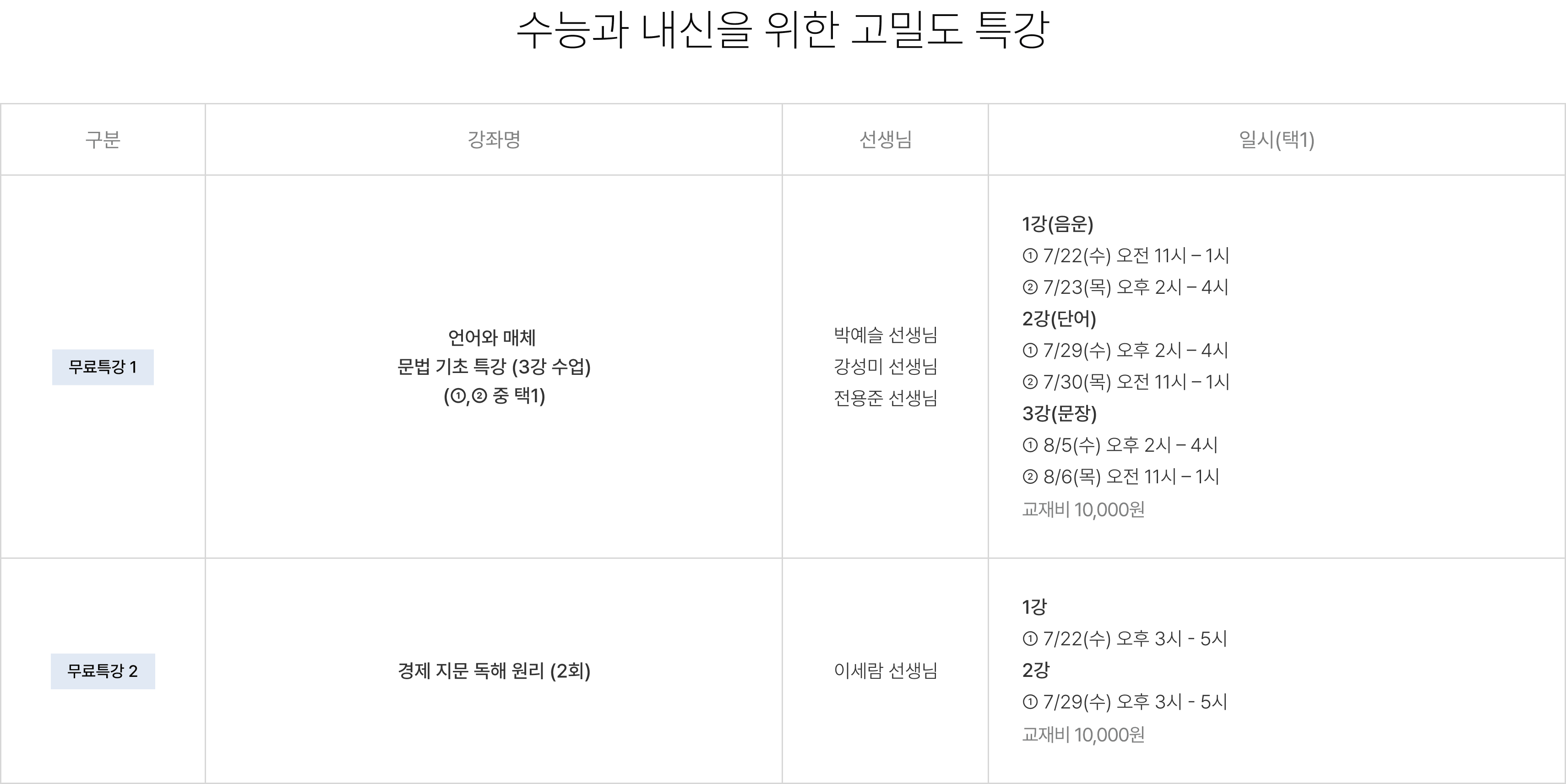고2 무료특강 안내 이미지